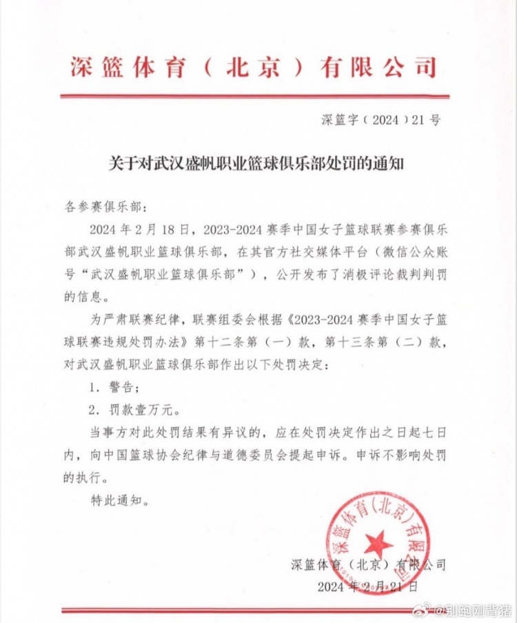 可以申诉但不影响执行！武汉盛帆女篮颁“打不还手奖”被罚款1万