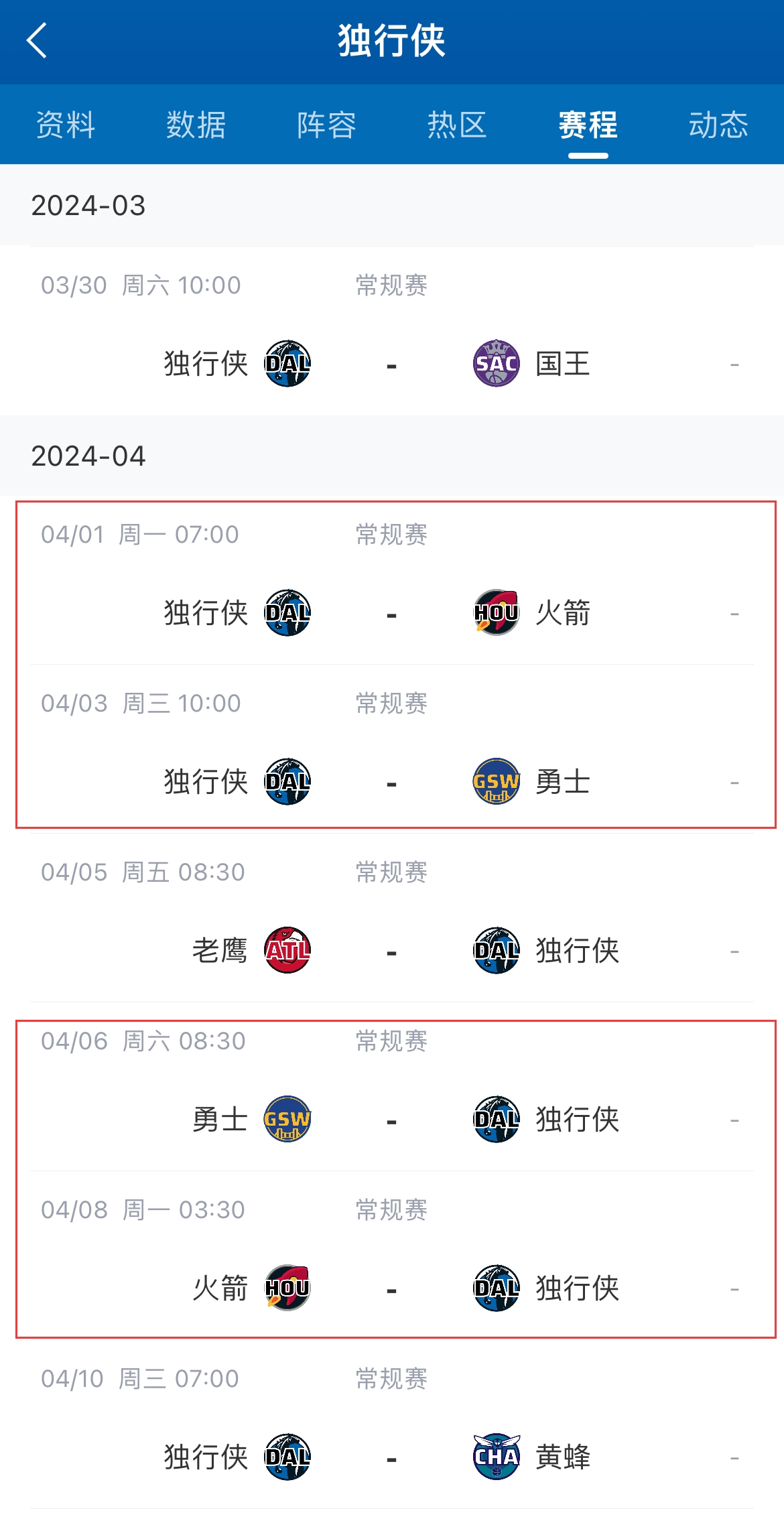 掌管生杀大权独行侠最后10场要跟附加赛边缘的火箭&勇士各打2场