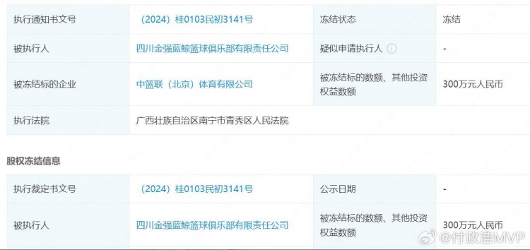 付政浩：四川男篮持有CBA公司5%股权被冻结与银行借贷纠纷案开庭