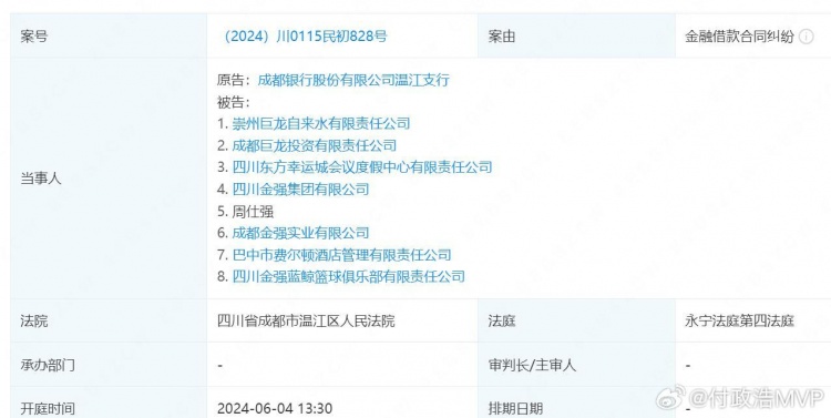 付政浩：四川男篮持有CBA公司5%股权被冻结与银行借贷纠纷案开庭