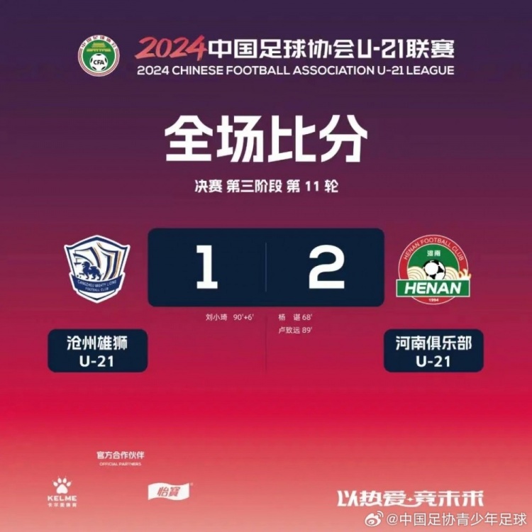 U21联赛决赛第三阶段第11轮赛果+积分榜+射手榜
